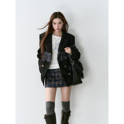 Via Pitti Heavy Plaid Patchwork Mid-Length Coat Black