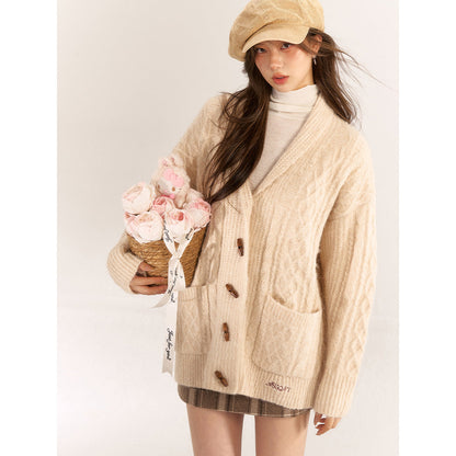 AsGony Blended Woolen Twist Lapel Knit Cardigan Khaki