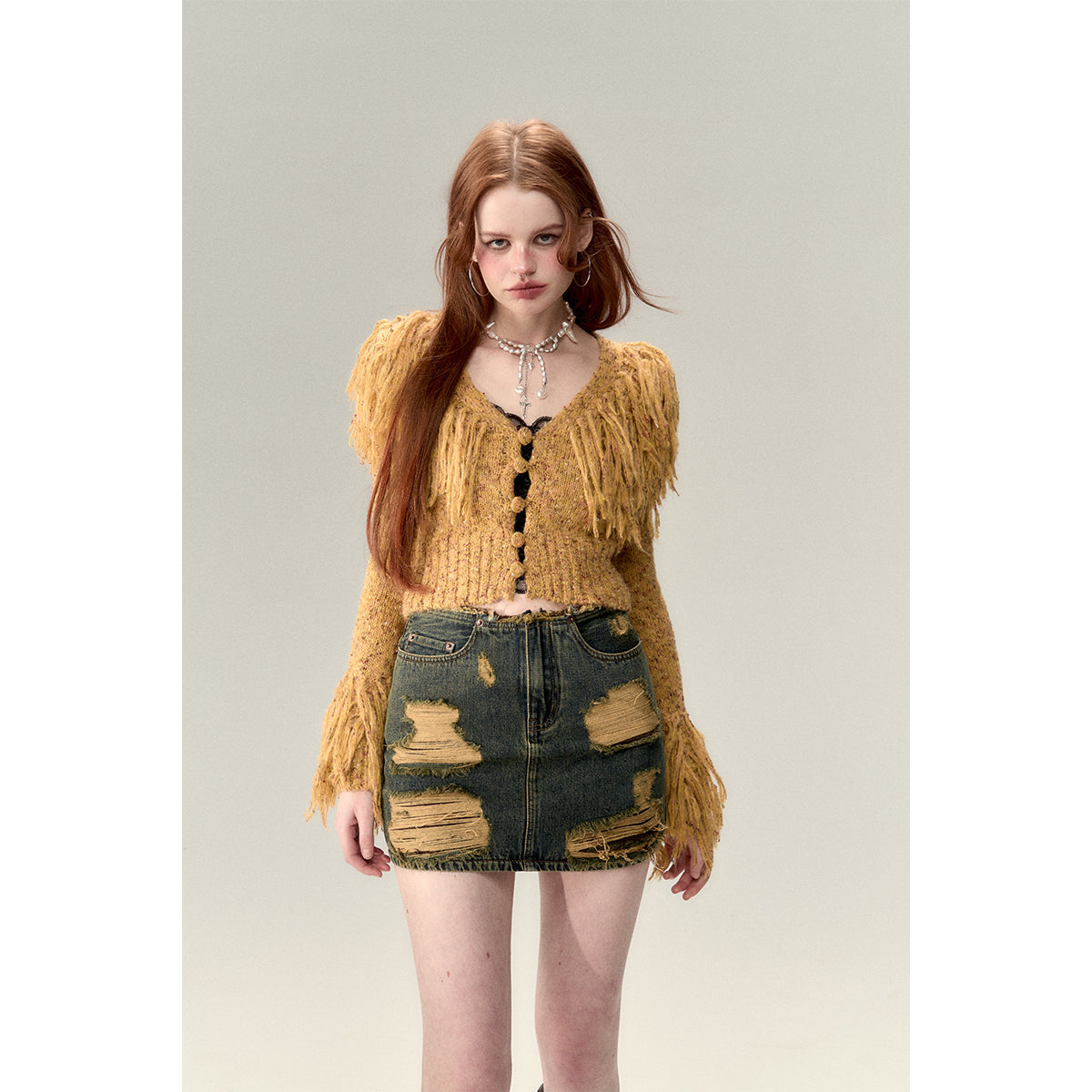 Via Pitti Heavy Tassel Knit Cardigan Yellow