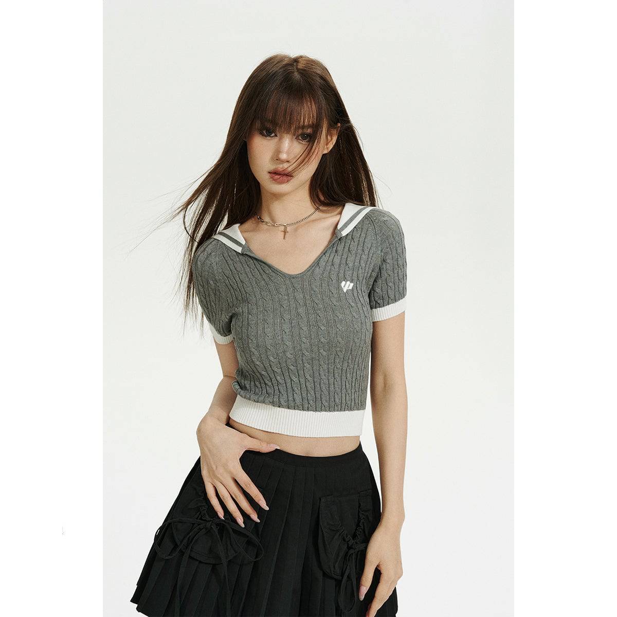 Via Pitti Embroidery Logo Sailor Collar Knit Crop Top Grey