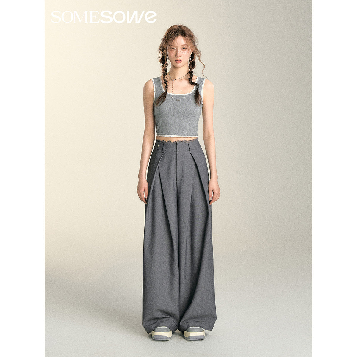 SomeSowe Lace Edge Rivet Knit Vest Gray