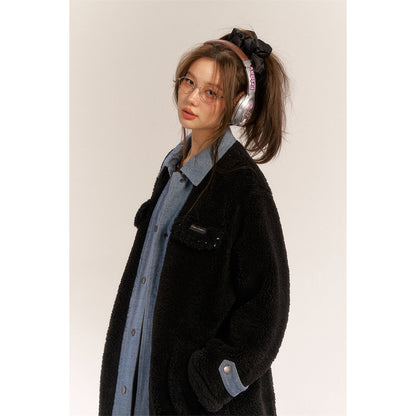 AsGony Fake-2-Piece Denim Patchwork Fleece Long Coat Black