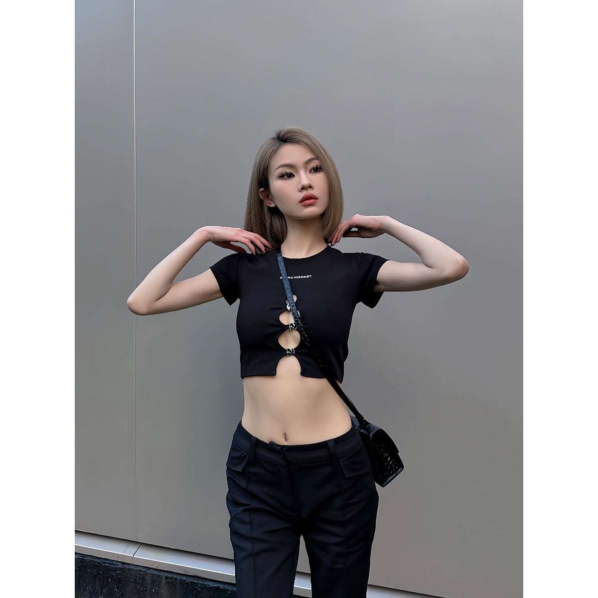 Weird Market Metal Logo Hollow-Out Knit Crop Top Black