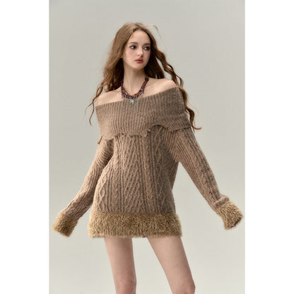 Via Pitti Destroy Cutting Off-Shoulder Knit Sweater Dress Khaki