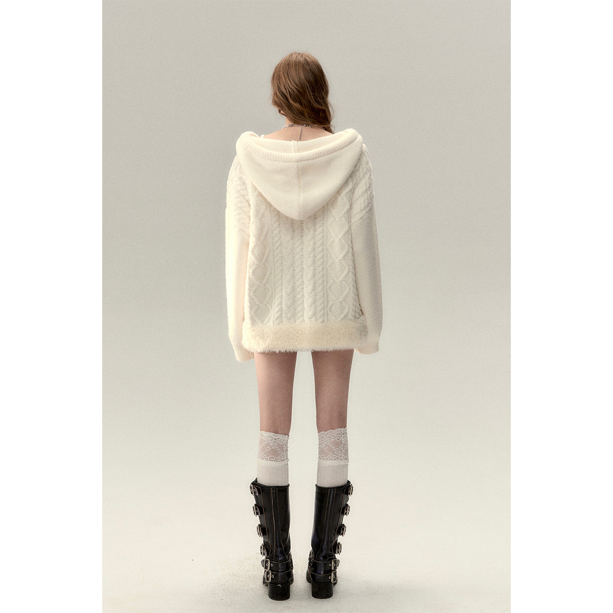 Via Pitti Fuzzy Edge Hooded Twist Knit Zipped Cardigan Cream