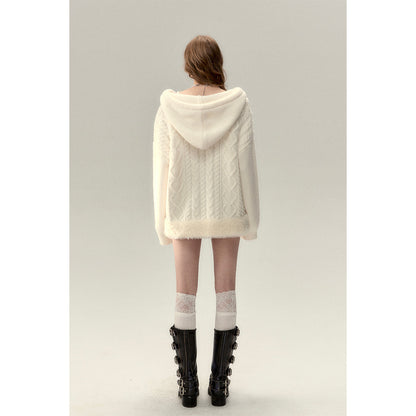 Via Pitti Fuzzy Edge Hooded Twist Knit Zipped Cardigan Cream