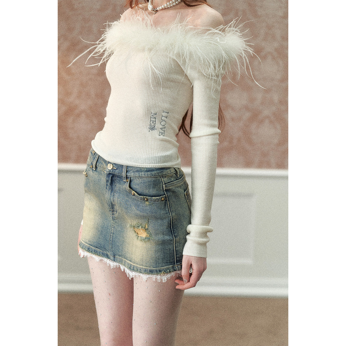 Via Pitti Detachable Ostrich Feather Knit Top White