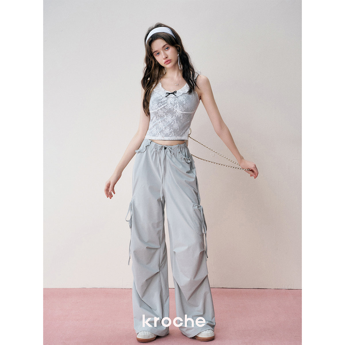 Kroche Lace Patchwork Bow Lace Up Cargo Pants Blue