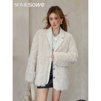 SomeSowe Leather Integrated Furry Jacket Cream