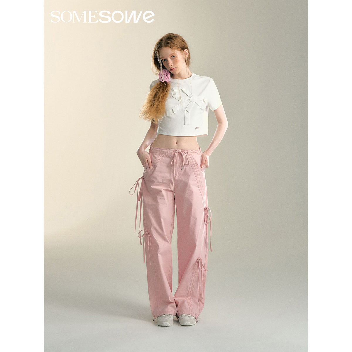 SomeSowe Bow Drawstring Cargo Pants Pink