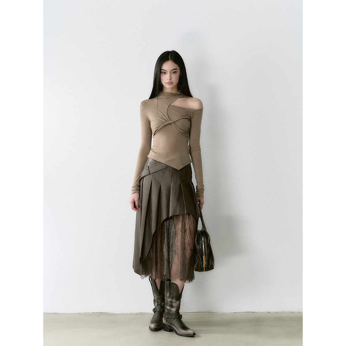 Via Pitti Irregular Lace Patchwork Leather Skirt Brown