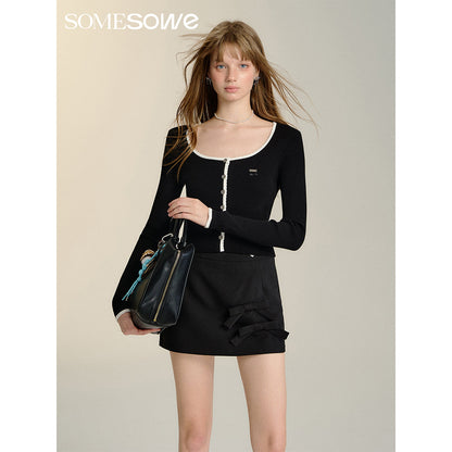 SomeSowe Contrast Color Lace Knit Cardigan Black