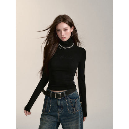 Via Pitti Logo Embroidery Pearl High Collar Slim Top Black