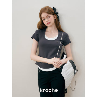 Kroche Fake-2-Piece Slim Fit Short Sleeved Top Gray