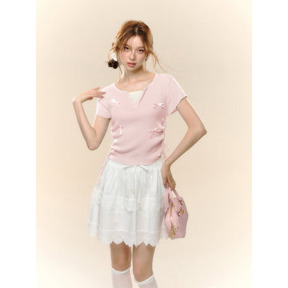 AsGony Fake-2-Piece Bow Tie Drawstring Knit Top Pink