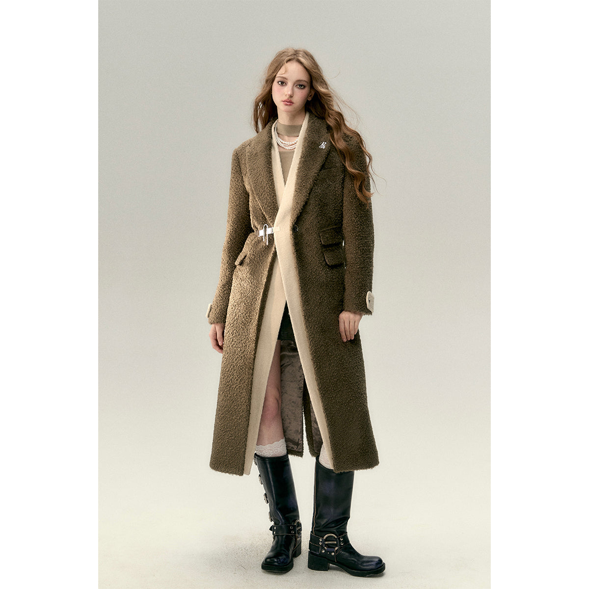 Via Pitti Fake-2-Piece Thicken Long Fleece Coat Brown