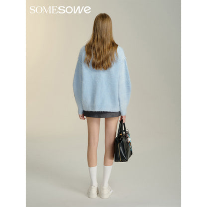 SomeSowe Silhouette Lace Up Furry Cardigan Blue