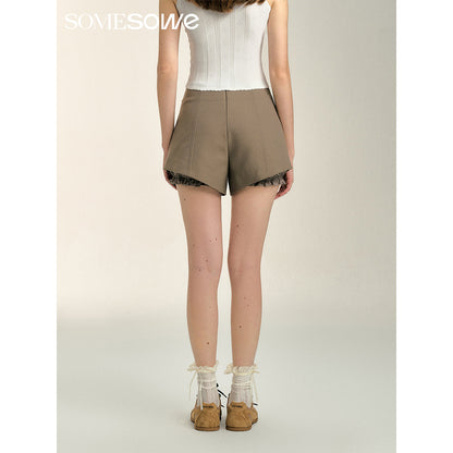 SomeSowe Split Patchwork Layered Bud Shorts Khaki