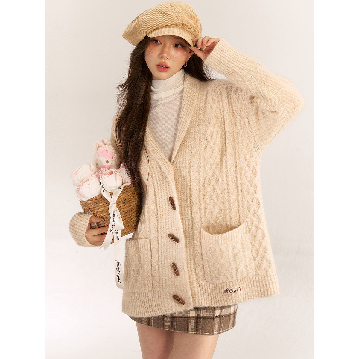 AsGony Blended Woolen Twist Lapel Knit Cardigan Khaki