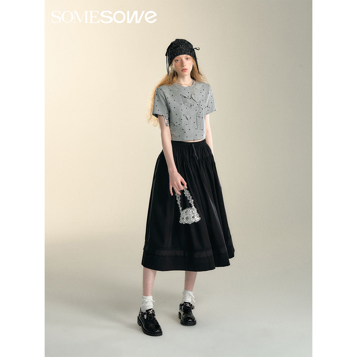 SomeSowe Lace Patchwork Casual Umbrella Skirt Black