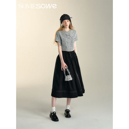 SomeSowe Lace Patchwork Casual Umbrella Skirt Black