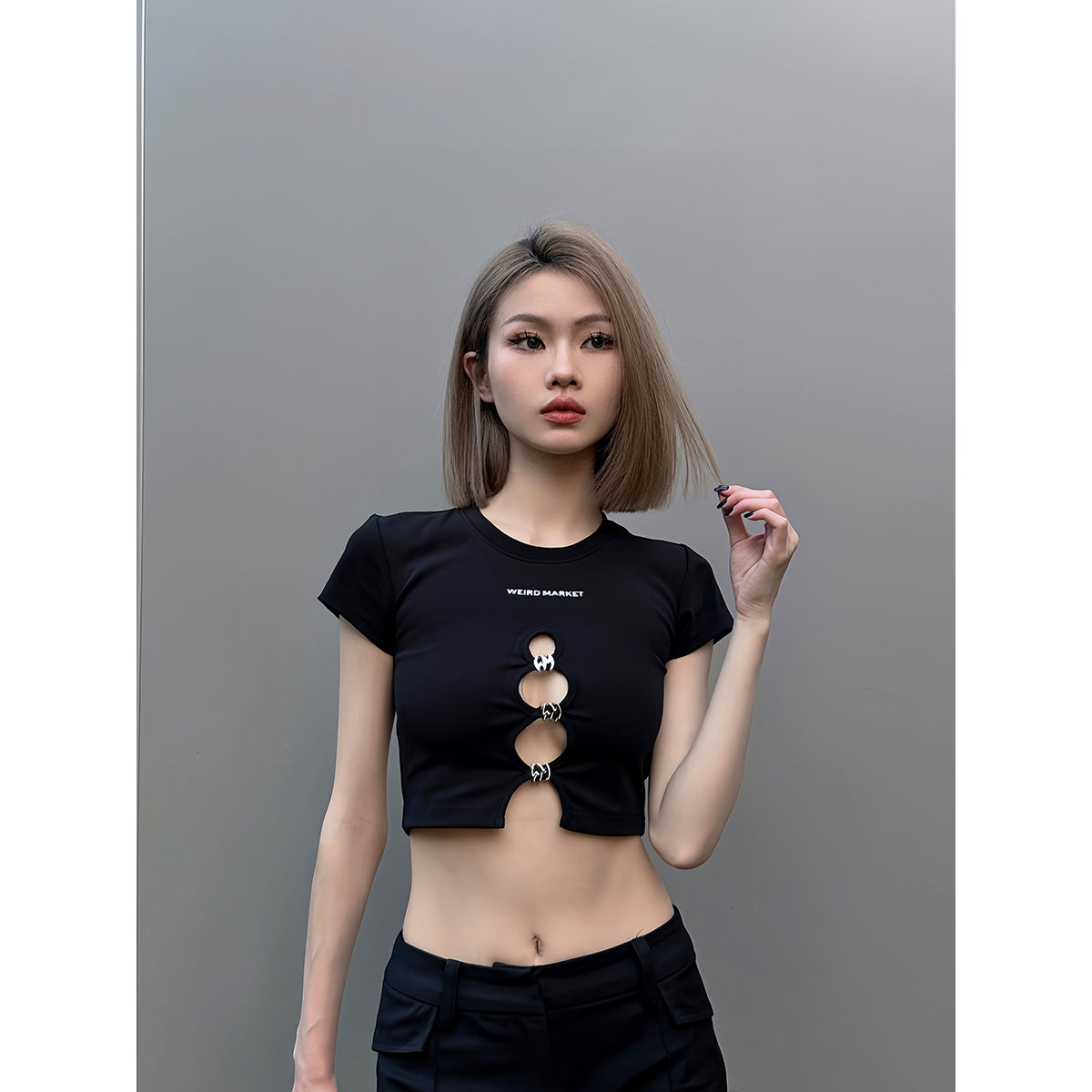 Weird Market Metal Logo Hollow-Out Knit Crop Top Black