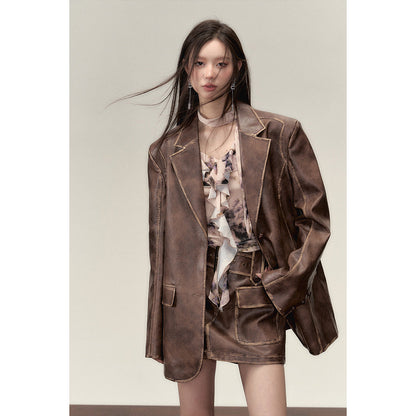 Via Pitti Distressed Heavy Washed Leather Skirt Brown