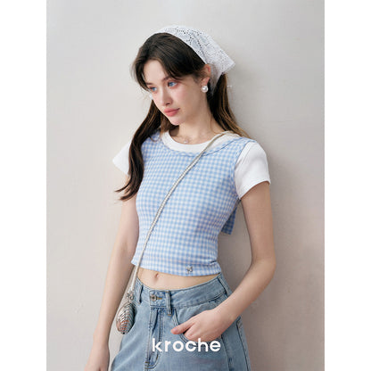 Kroche 3D Bow Plaid Sling Vest Blue