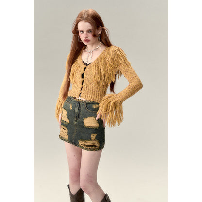 Via Pitti Heavy Tassel Knit Cardigan Yellow