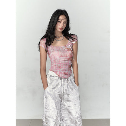 Via Pitti Plaid Rose Gauze Versatile T-Shirt Pink