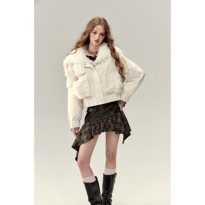 Via Pitti Cargo Pockets Rabbit Fur Jacket Cream