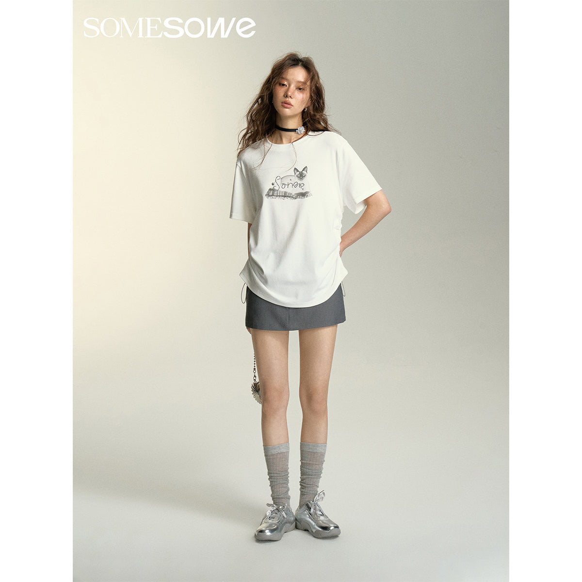 SomeSowe Lazy Cat Drawstring Loose T-Shirt White