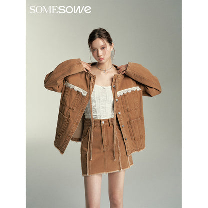 SomeSowe Lace Patchwork Denim Jacket Brown