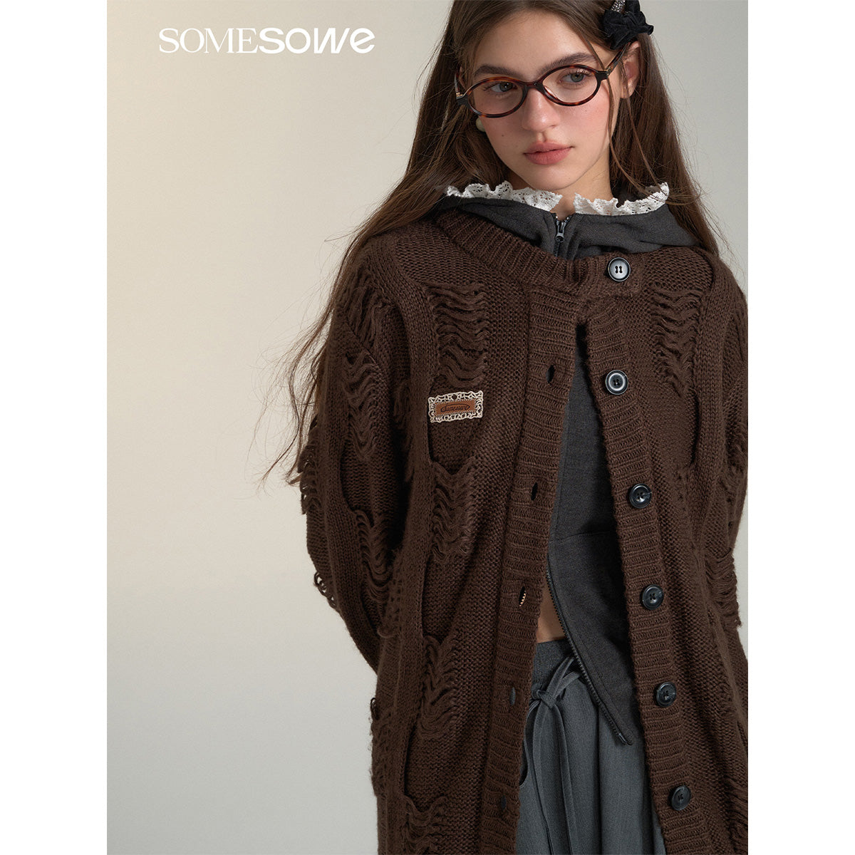 SomeSowe Vintage Destroyed Knit Cardigan Brown