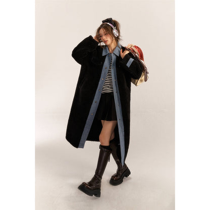 AsGony Fake-2-Piece Denim Patchwork Fleece Long Coat Black