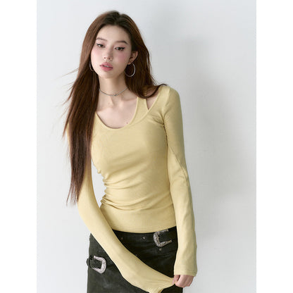 Via Pitti Irregular Collar Long Sleeve Slim Top Yellow