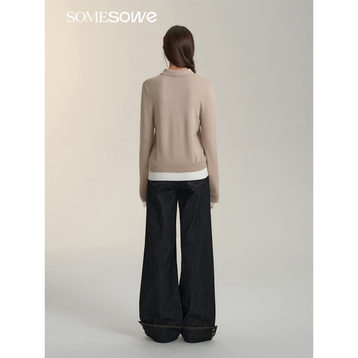 SomeSowe Fake-2-Piece Bow Knit Polo Cardigan Khaki