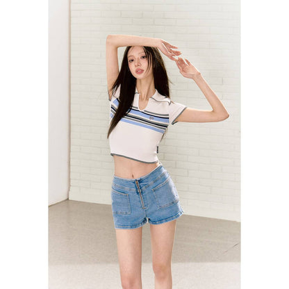 Via Pitti Color Blocked Striped Knit Crop Top White