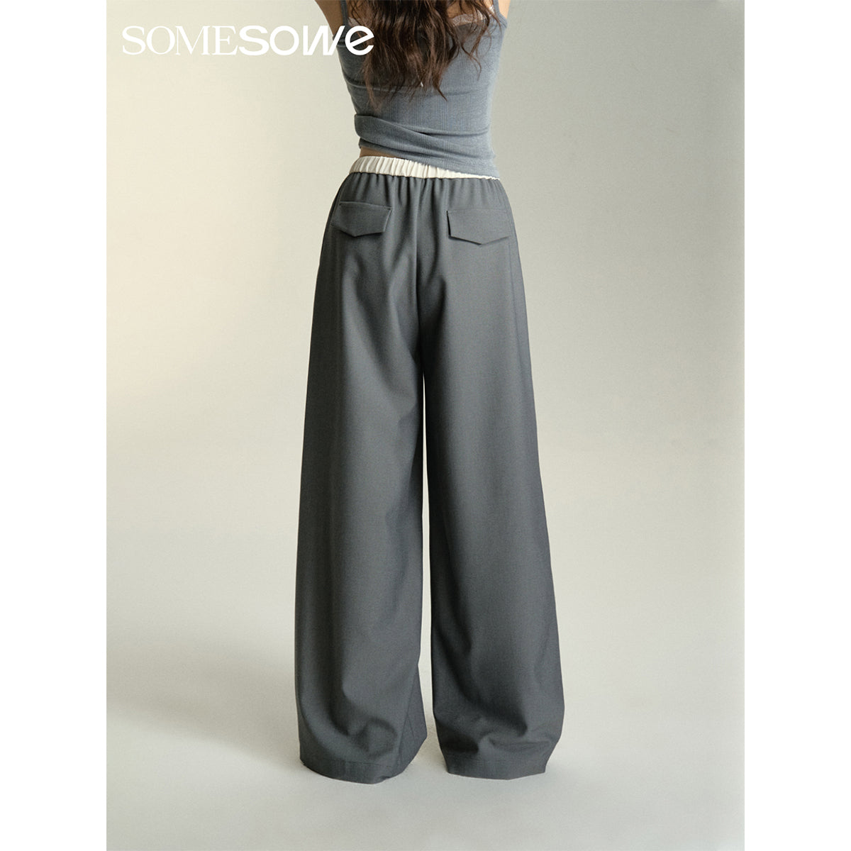 SomeSowe Drawstring Wide-Leg Suit Pants Gray