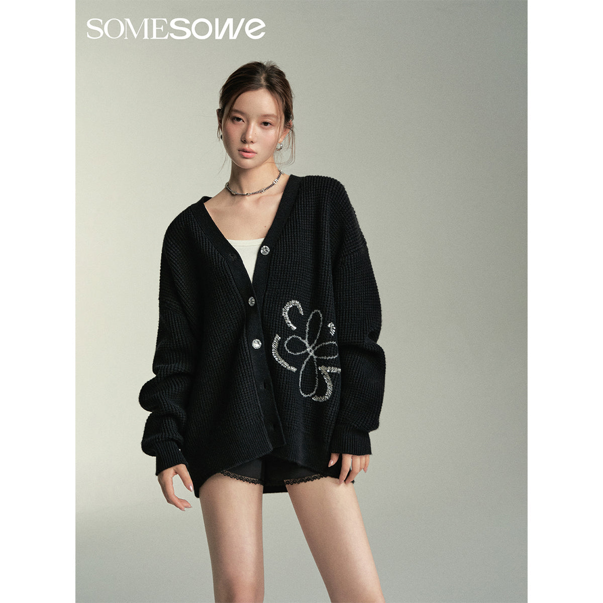 SomeSowe Beaded Floral Silhouette Cardigan Black