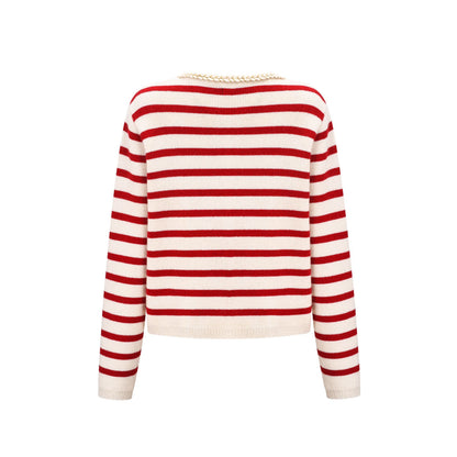 Three Quarters Striped Wool Cardigan Red