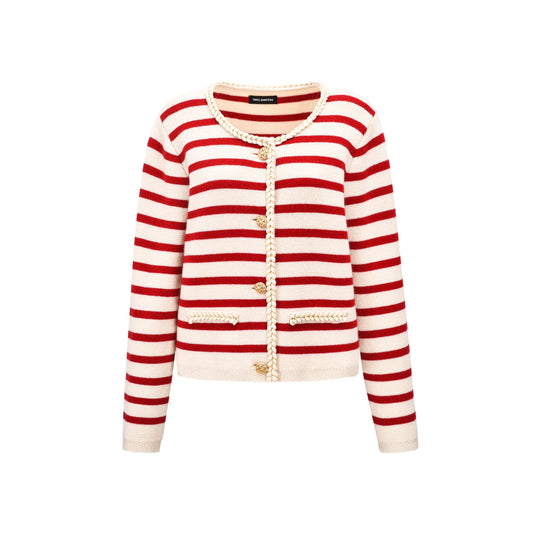 Three Quarters Striped Wool Cardigan Red