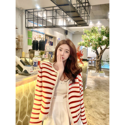 Three Quarters Striped Wool Cardigan Red