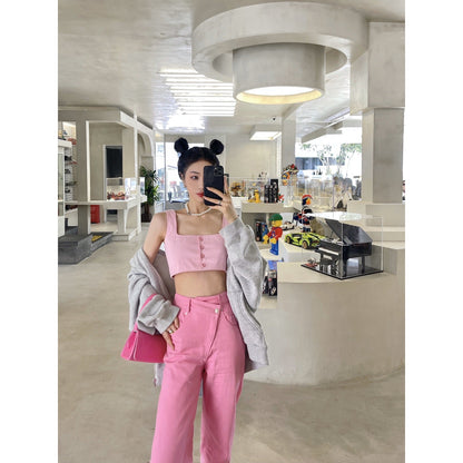 Three Quarters Misplaced Button Denim Pants Pink