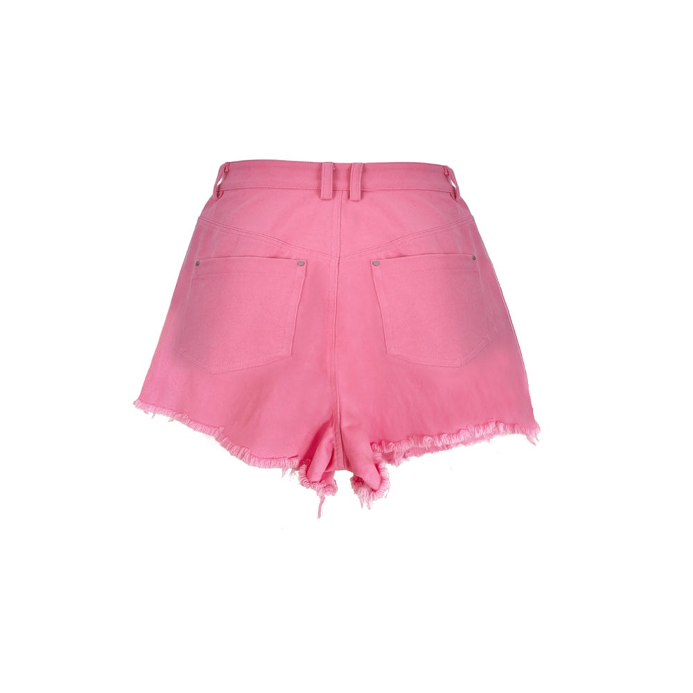 Three Quarters Misplaced Button Denim Shorts Pink