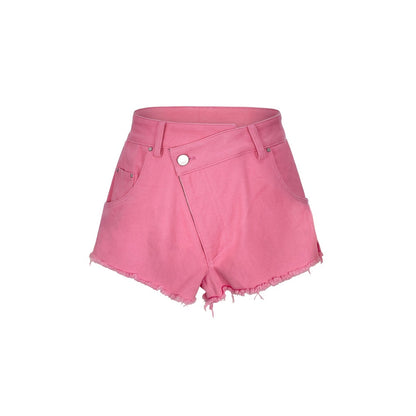 Three Quarters Misplaced Button Denim Shorts Pink