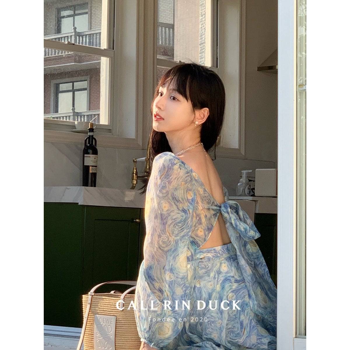 Callrinduck Starry Sky Painting Lady Long Dress Blue