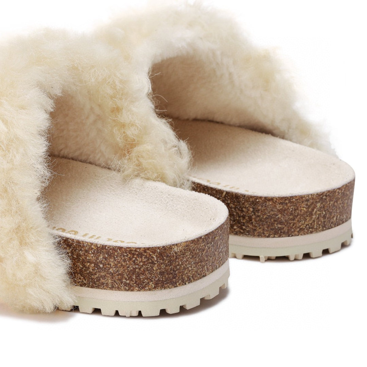 Lost In Echo Leather Strap Buckle Fluffy Slides Cream