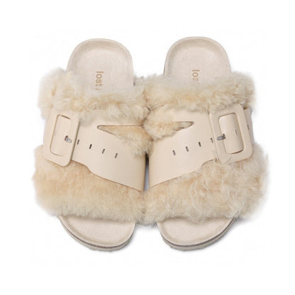 Lost In Echo Leather Strap Buckle Fluffy Slides Cream