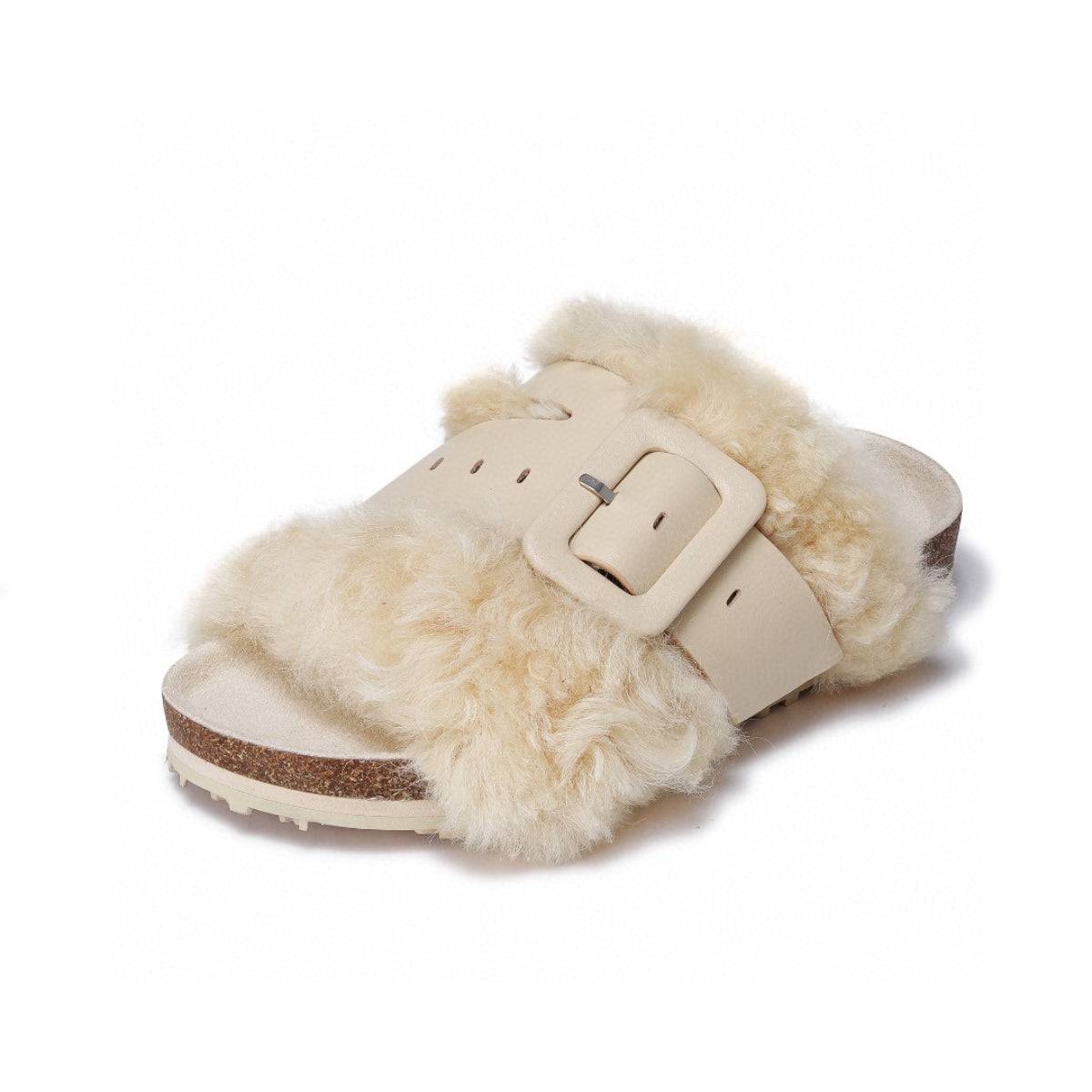 Lost In Echo Leather Strap Buckle Fluffy Slides Cream